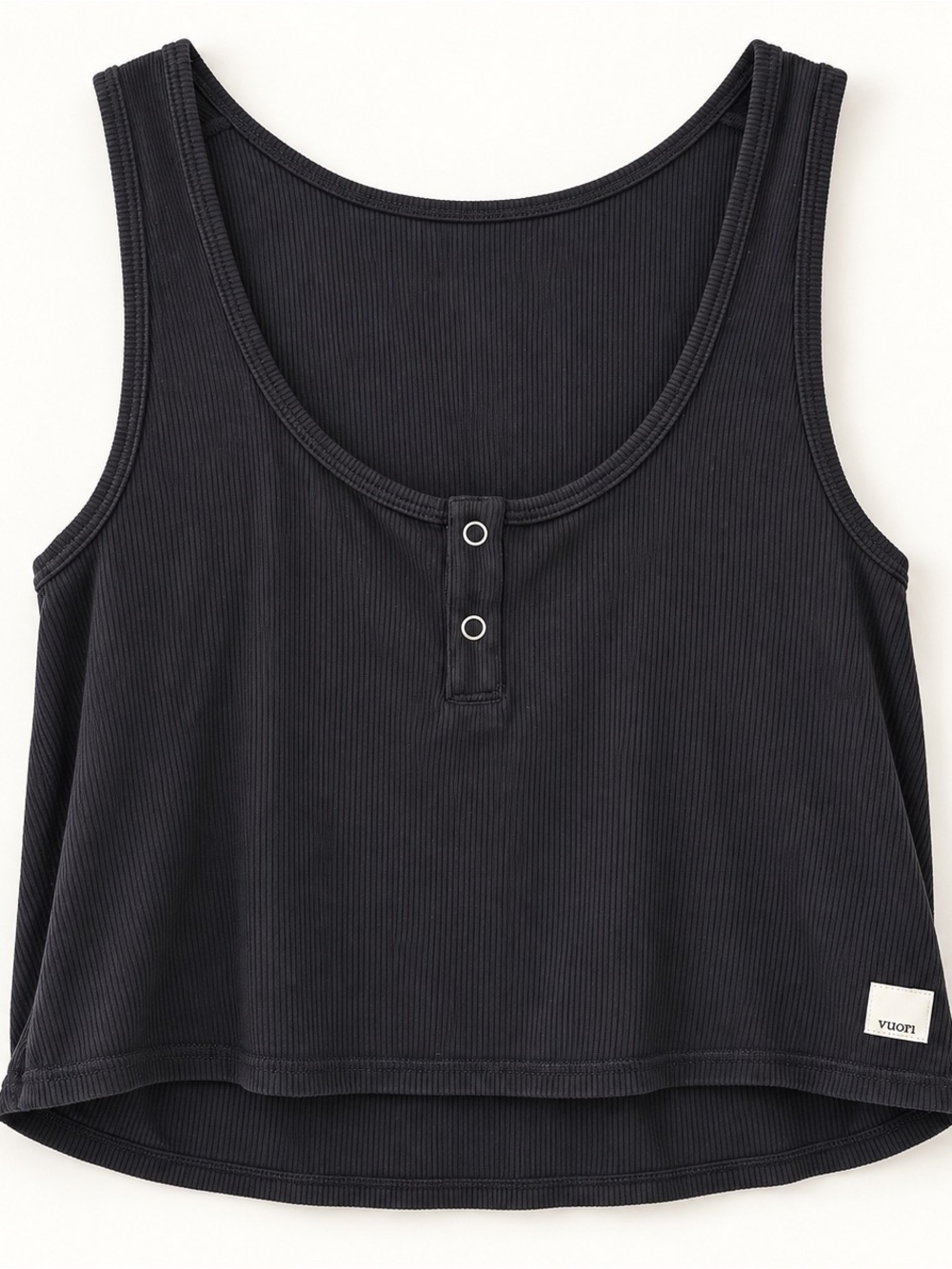 Vuori Black Ribbed Snap-Front Cropped Tank